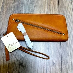 Free People NEW Vegan Faux Leather Zip Around Wristlet Wallet Brown Studded